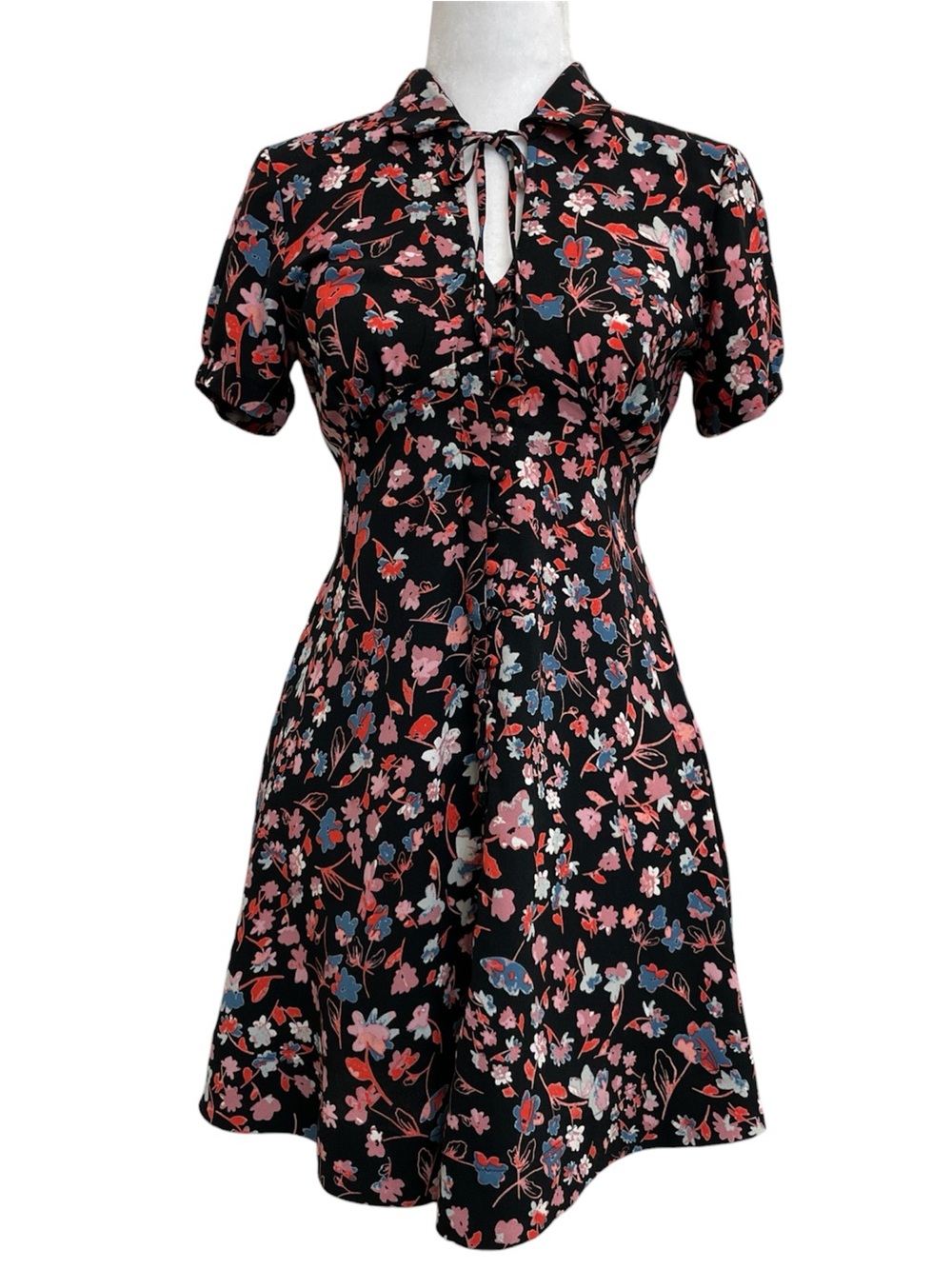 Candies Black Floral Collared Tie Neck Button Front Mini Dress